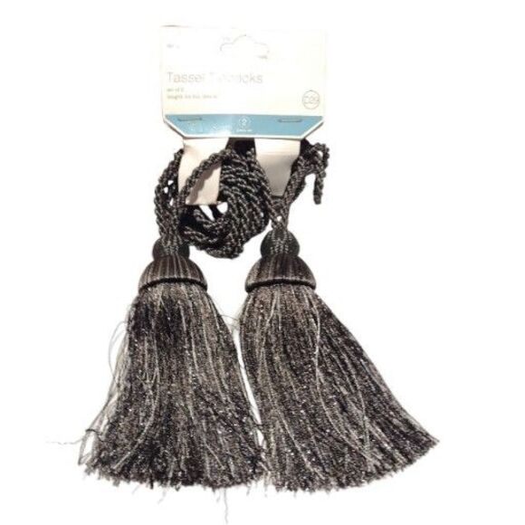 Tassel Tiebacks Interiors By Design Smokey Gray Black Dark W Silver Pair 23.5" - Picture 1 of 6